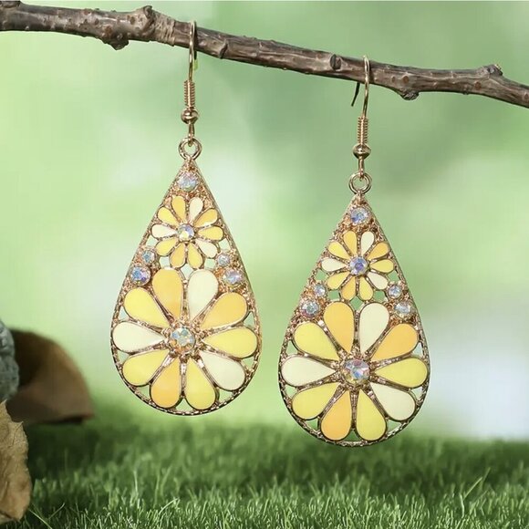 Mosaic Flower Dangle Earrings Boho Glass Rhinestone Floral Statement NWT - Picture 5 of 8